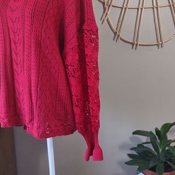 Red Open Knit Round Neck Sweater with Long Lace Flounce Sleeves Sz XL - Picture 6 of 11